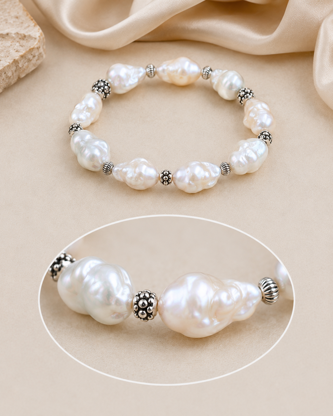 Irregular Freshwater Pearl Sterling Silver Bracelet adjustable fit and sterling silver detail