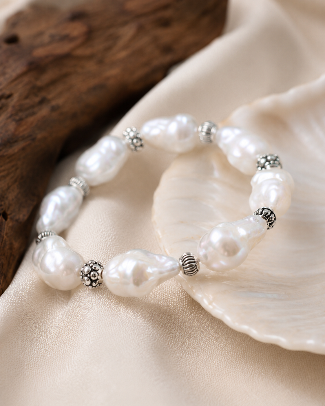 Close-up of irregular freshwater pearls and sterling silver details in Irregular Freshwater Pearl Sterling Silver Bracelet