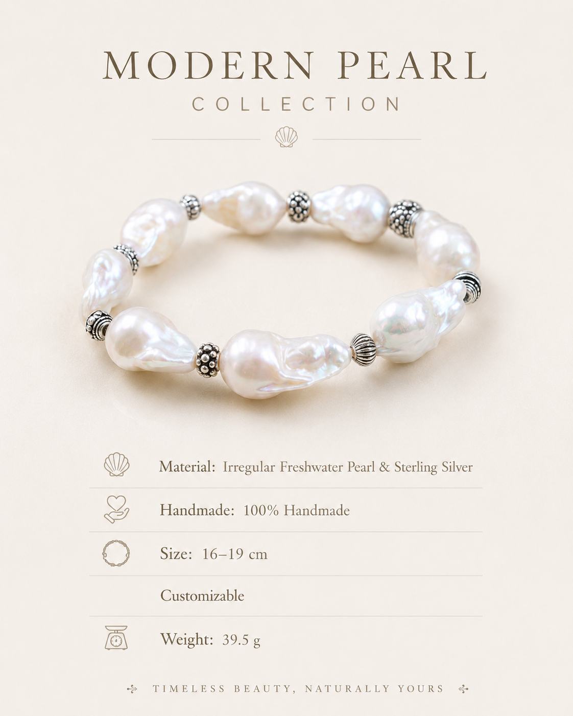 Irregular Freshwater Pearl Sterling Silver Bracelet size and material guide