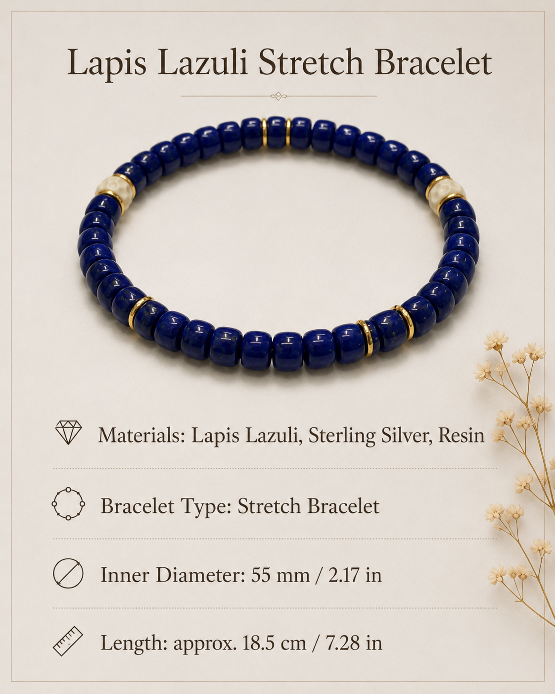 Lapis Lazuli Stretch Bracelet size and material guide