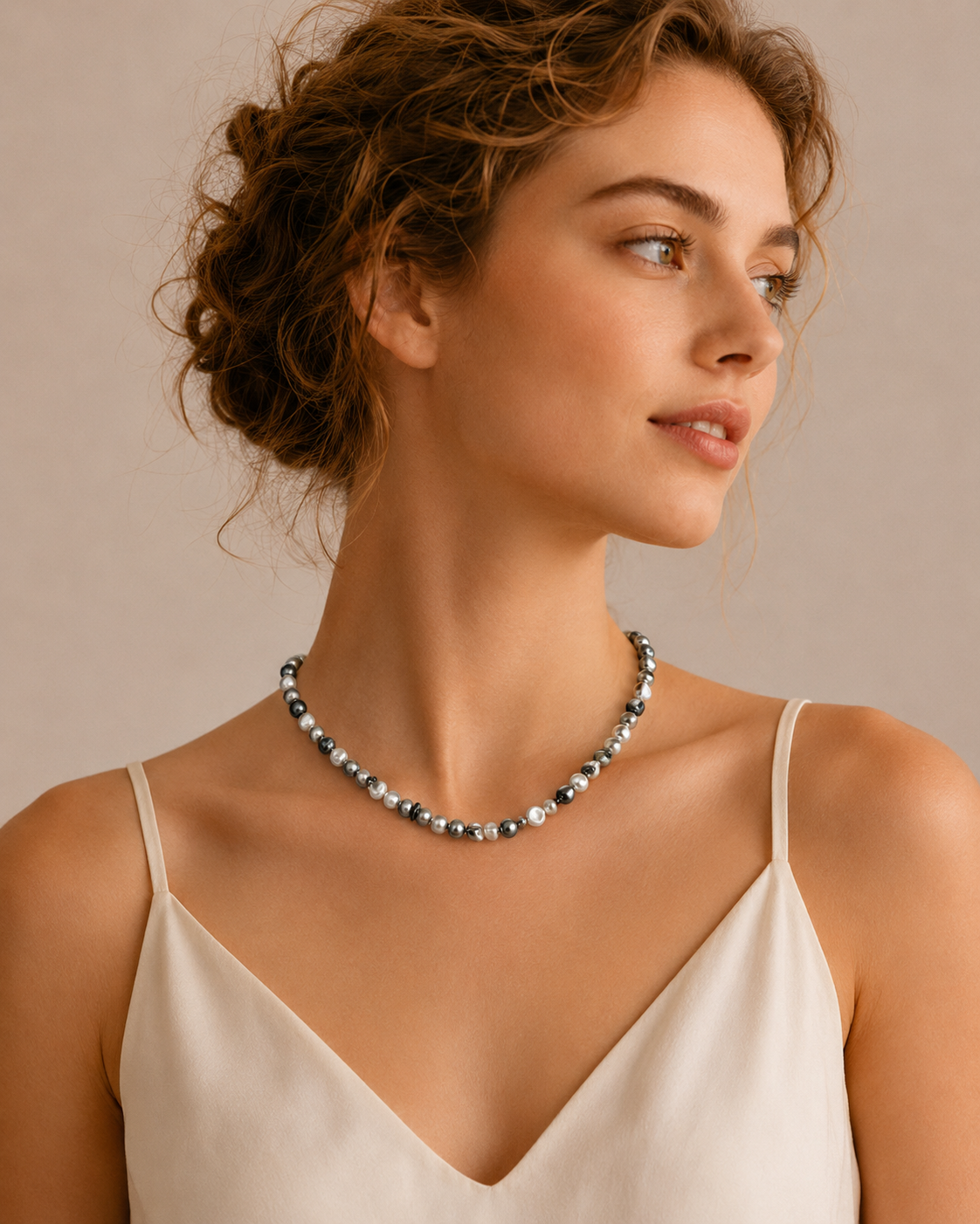 Model wearing Luna Gray Baroque Shell Pearl Necklace with black knit top and modern pearl styling