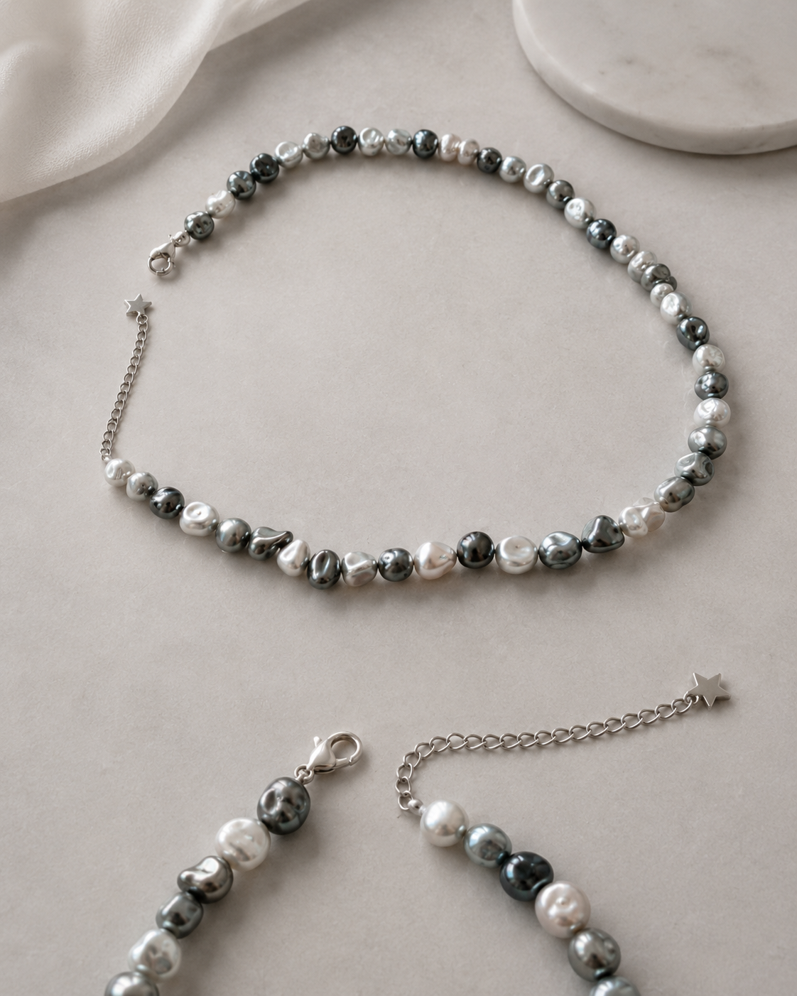 Luna Gray Baroque Shell Pearl Necklace alloy lobster clasp and irregular shell pearl structure detail
