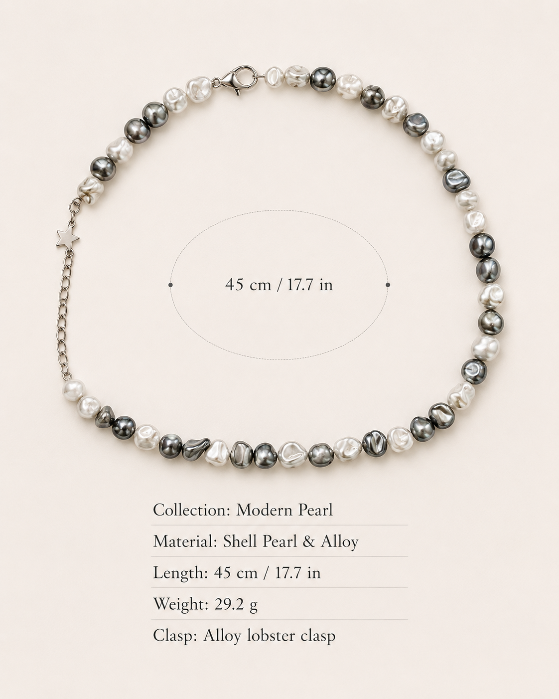 Luna Gray Baroque Shell Pearl Necklace size and material guide