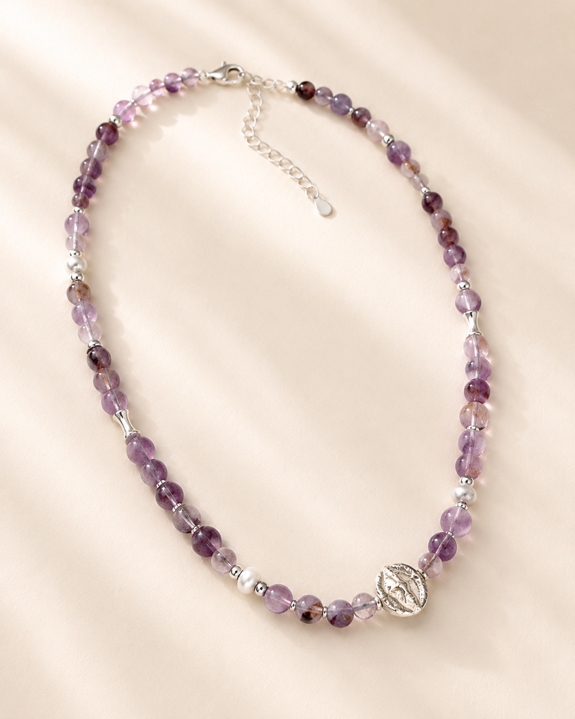Luna Purple Phantom Quartz Pendant Necklace full product view by La Tiera