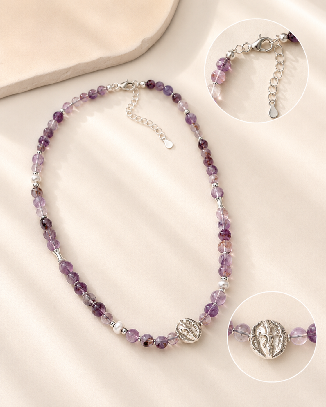 Luna Purple Phantom Quartz Pendant Necklace lobster clasp, adjustable chain, and sterling silver pendant detail