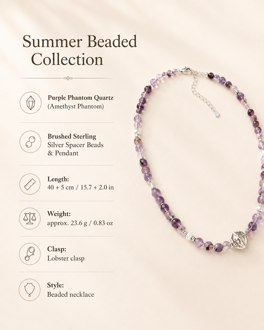 Luna Purple Phantom Quartz Pendant Necklace size and material guide