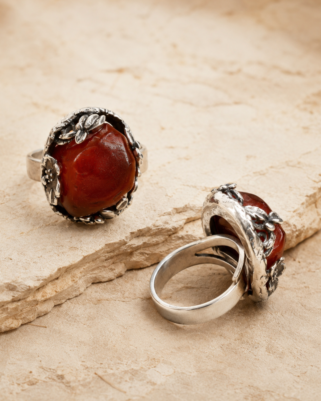 Raw Amber Sterling Silver One-of-a-Kind Ring adjustable band and oxidized sterling silver floral detail