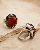 Raw Amber Sterling Silver One-of-a-Kind Ring adjustable band and oxidized sterling silver floral detail