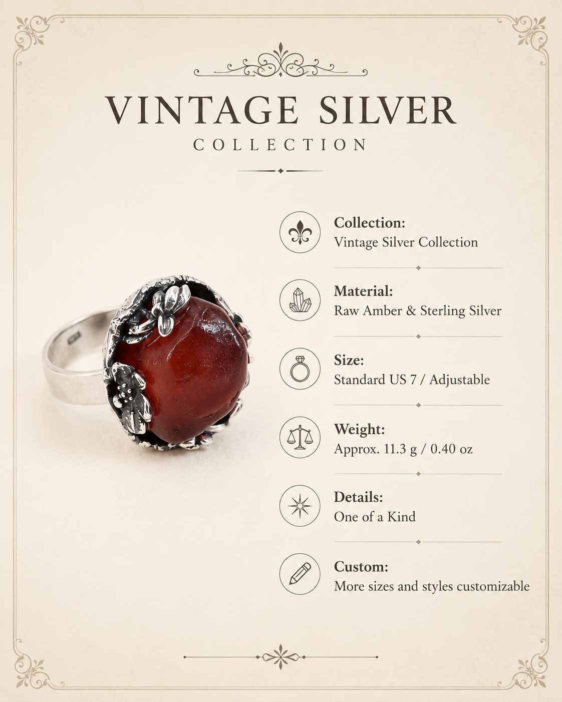 Raw Amber Sterling Silver One-of-a-Kind Ring size and material guide