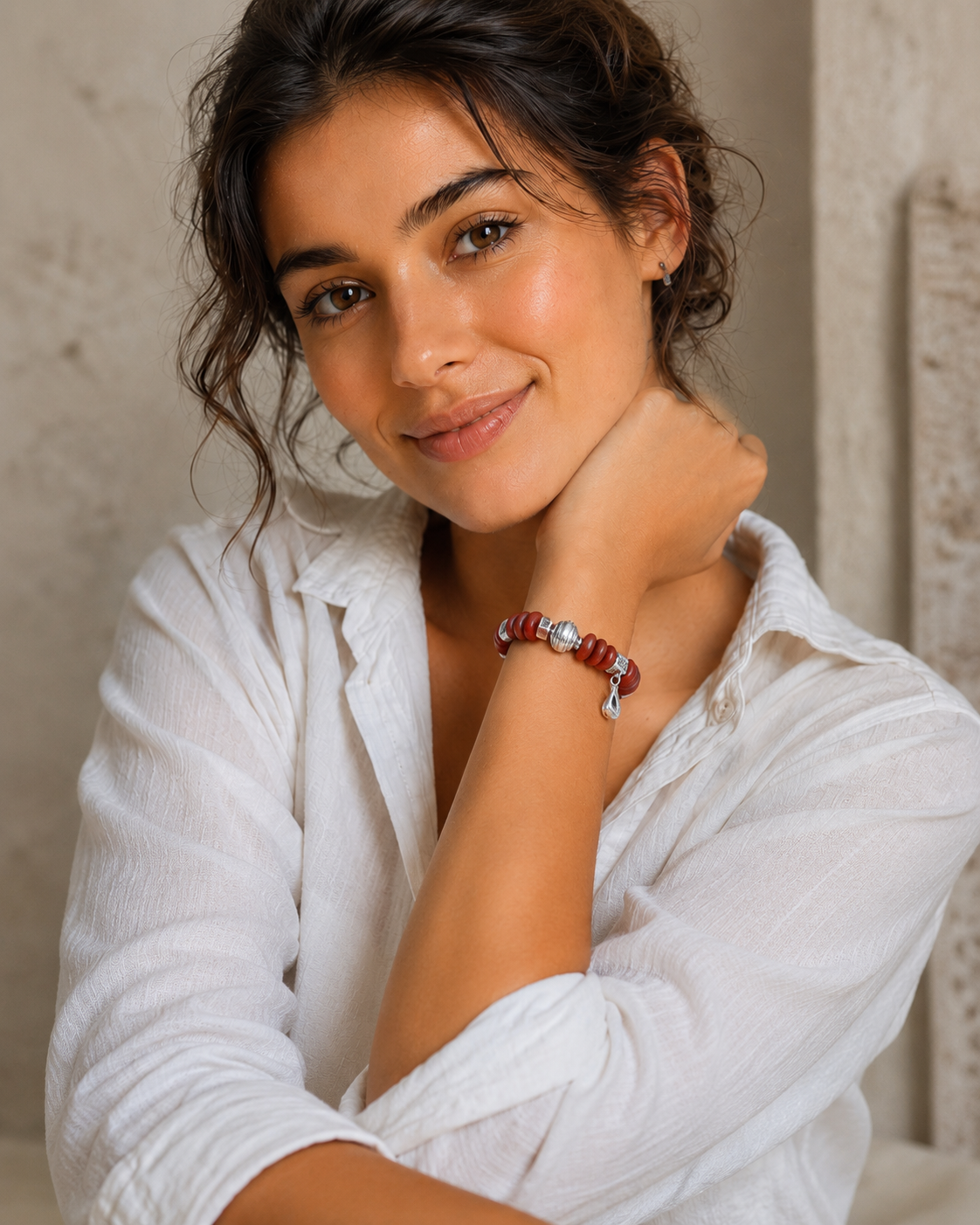 Model wearing Raw Amber Sterling Silver Statement Bracelet with earthy casual outfit