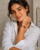 Model wearing Raw Amber Sterling Silver Statement Bracelet with earthy casual outfit