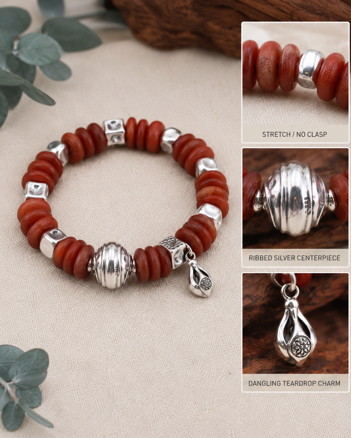 Raw Amber Sterling Silver Statement Bracelet stretch fit, ribbed sterling silver centerpiece, and teardrop charm detail