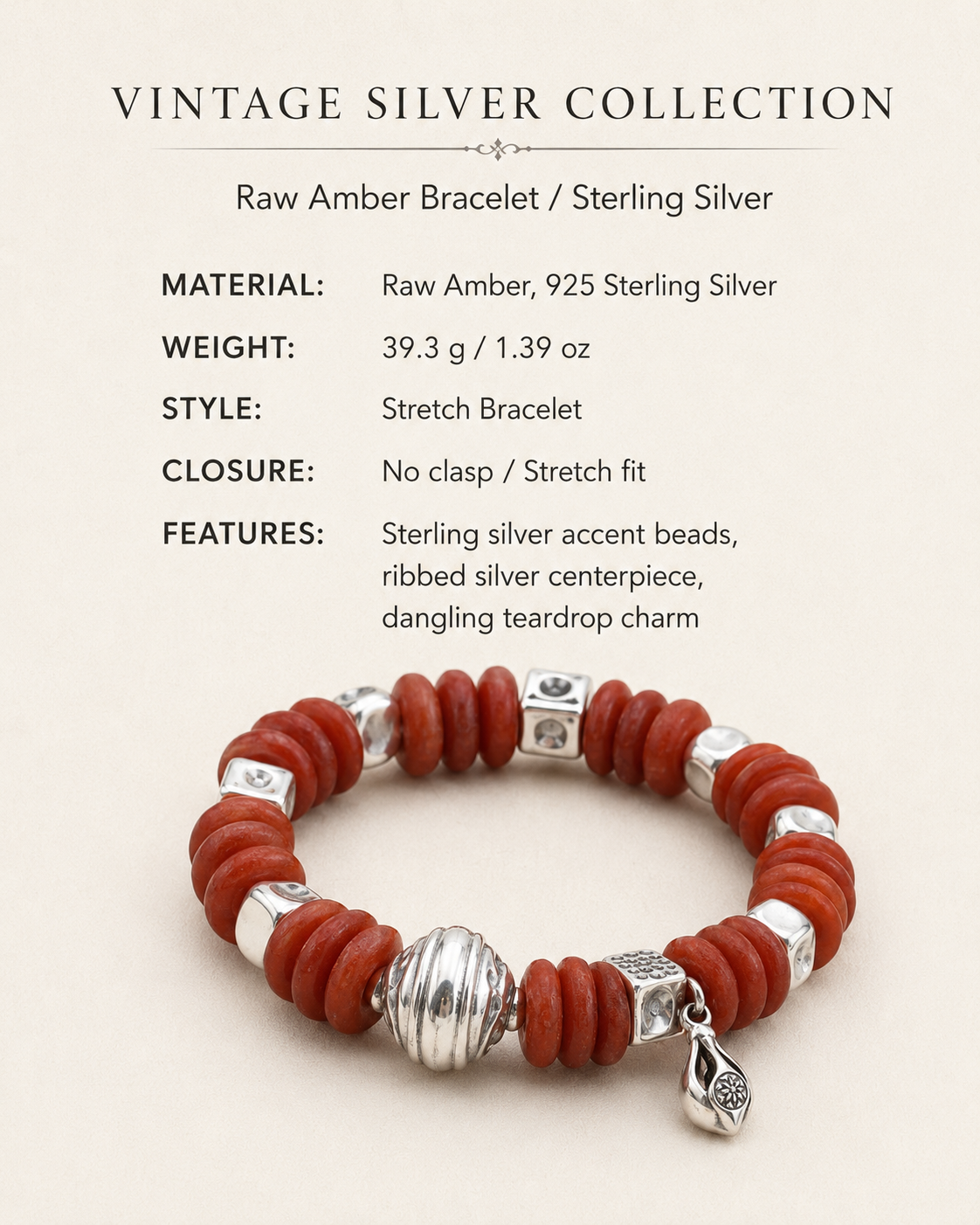 Raw Amber Sterling Silver Statement Bracelet size and material guide