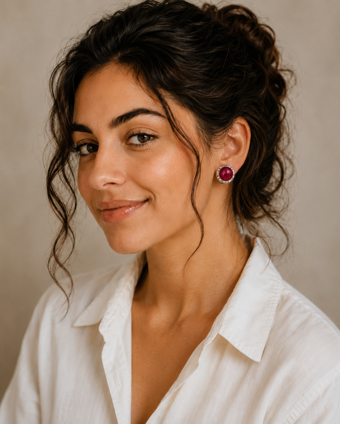 Model wearing Ruby Sterling Silver Statement Earrings 