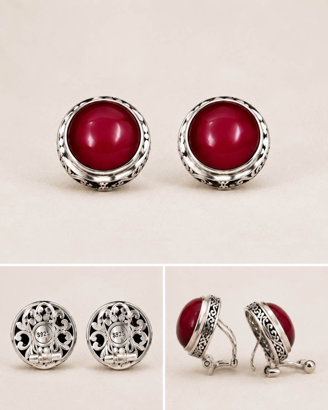 Ruby Sterling Silver Statement Earrings structured earring back and sterling silver setting detail