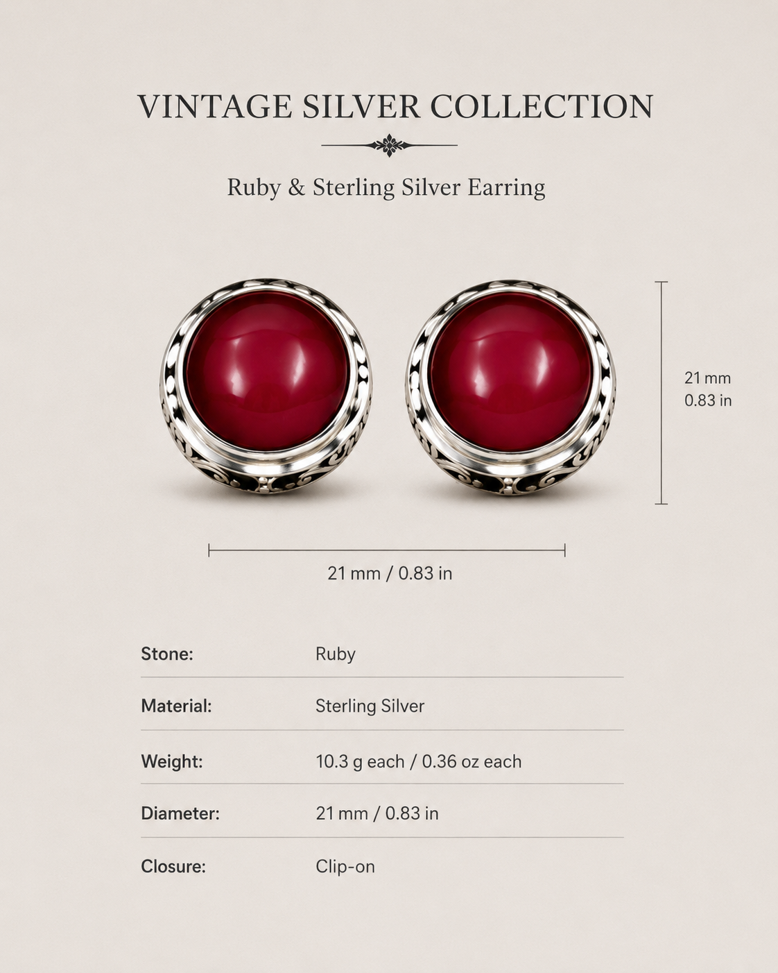 Ruby Sterling Silver Statement Earrings size and material guide