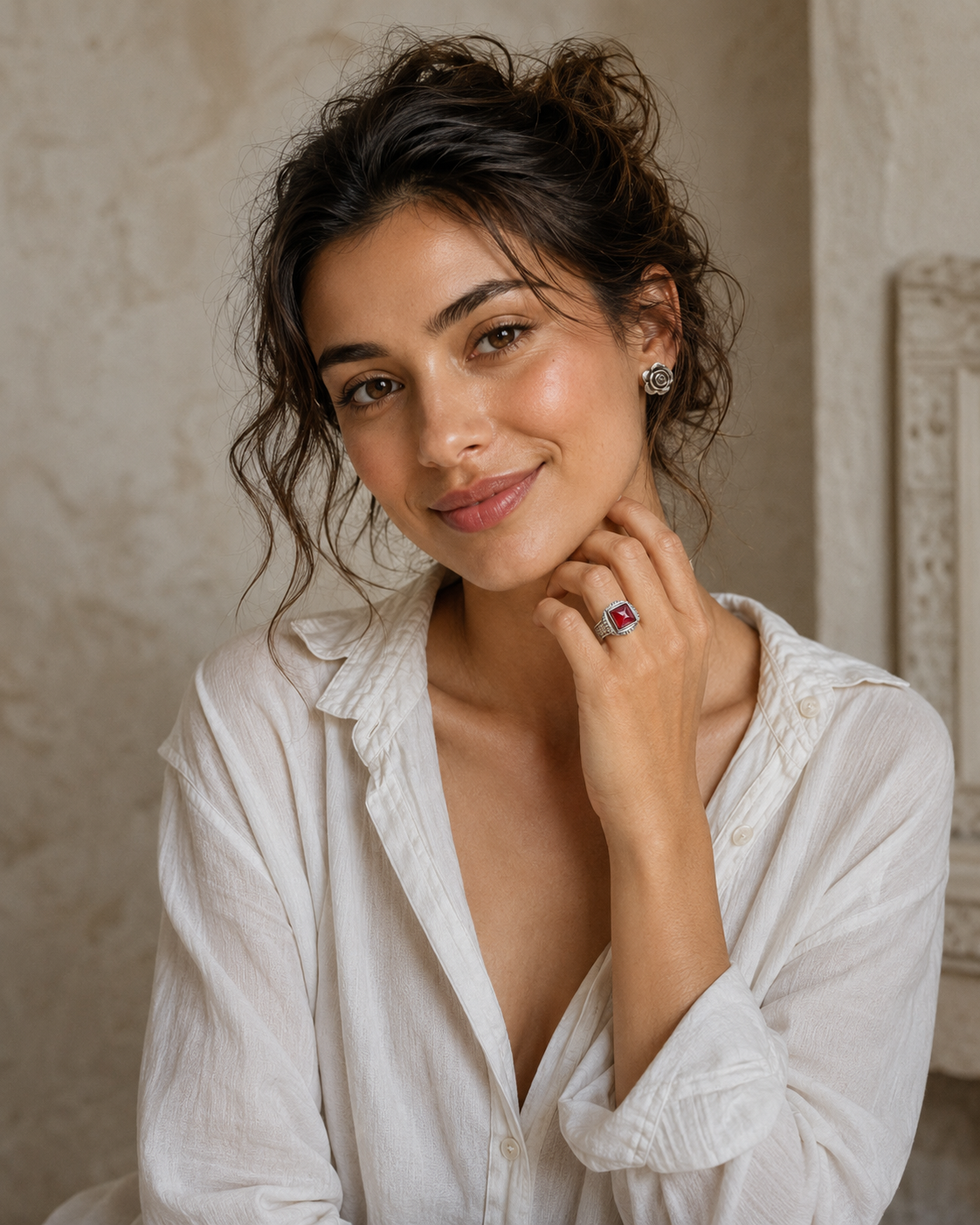 Model wearing Ruby Sterling Silver Statement Ring with bold vintage silver styling