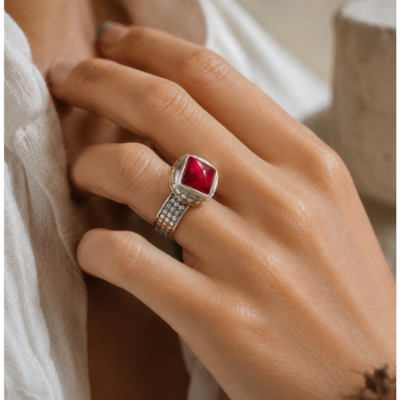 Close-up of square ruby centerpiece and oxidized 925 sterling silver setting in Ruby Sterling Silver Statement Ring