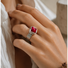 Close-up of square ruby centerpiece and oxidized 925 sterling silver setting in Ruby Sterling Silver Statement Ring