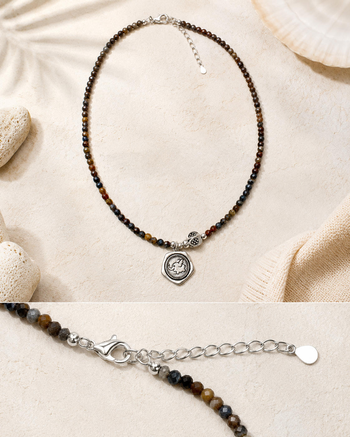 Sahara Pietersite Sterling Silver Pendant Necklace lobster clasp, adjustable chain, and sterling silver pendant detail