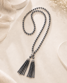 Selene Grey Shell Pearl Tassel Lariat Necklace full product view by La Tiera