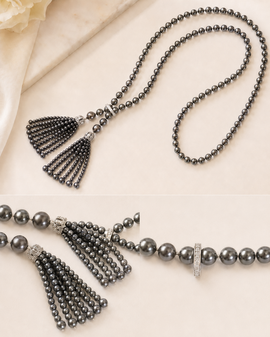 Close-up of glossy metallic grey shell pearls and tassel detail in Selene Grey Shell Pearl Tassel Lariat Necklace