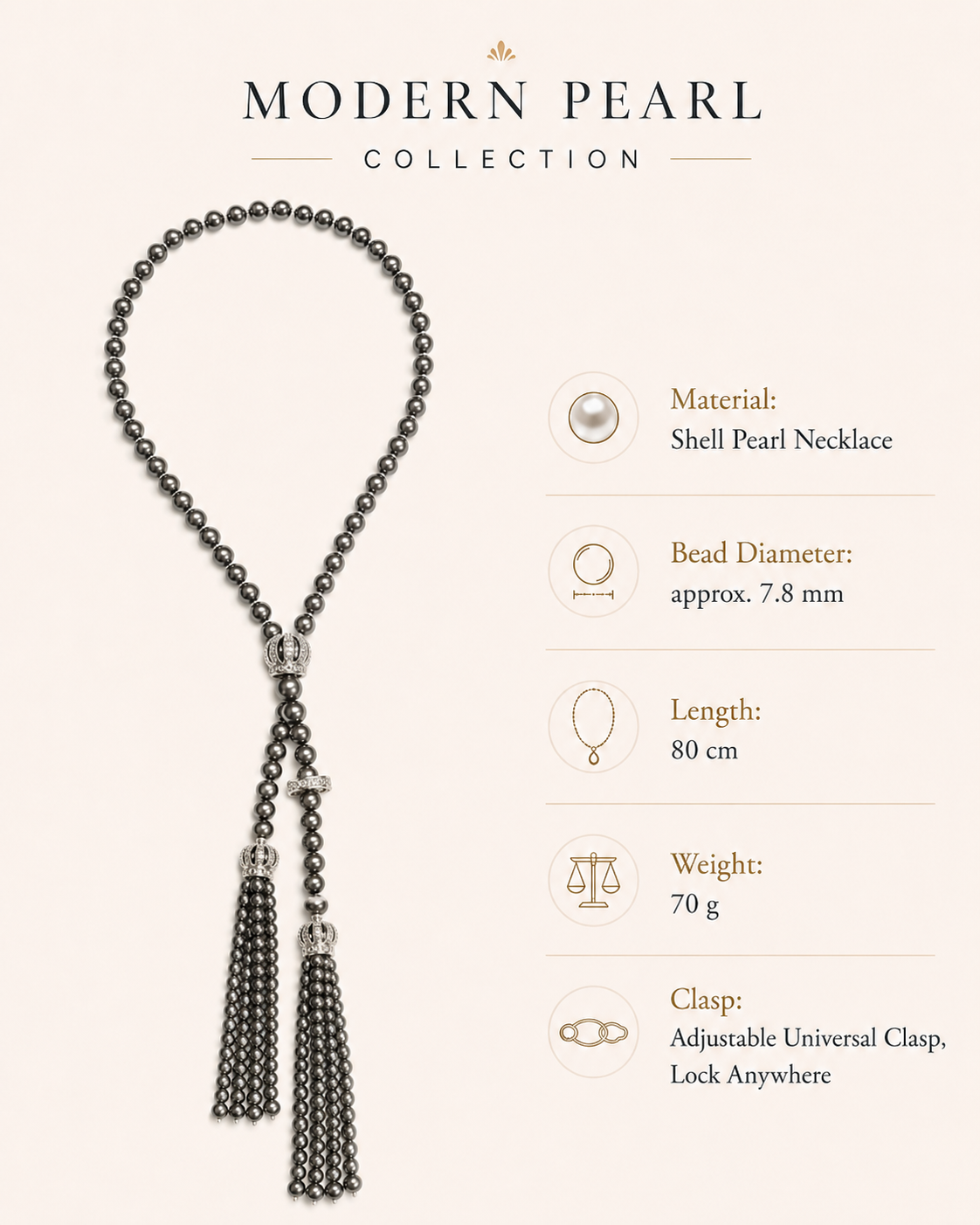Selene Grey Shell Pearl Tassel Lariat Necklace size and material guide