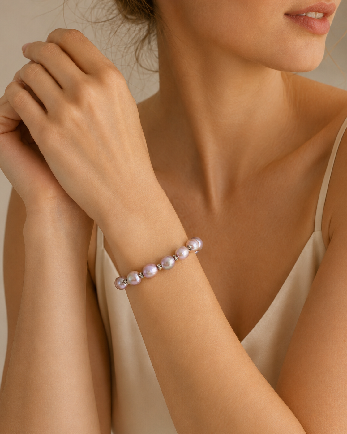 Model wearing Serena Iridescent Freshwater Pearl Bracelet with soft romantic styling
