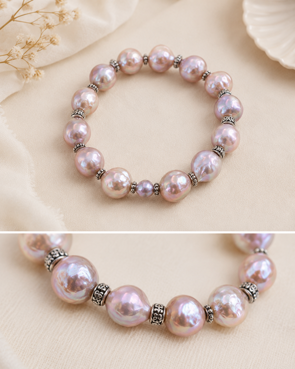 Serena Iridescent Freshwater Pearl Bracelet adjustable fit and vintage Tai silver spacer bead detail