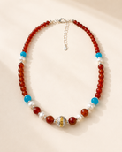Solana Red Agate & Pearl Beaded Necklace full product view by La Tiera