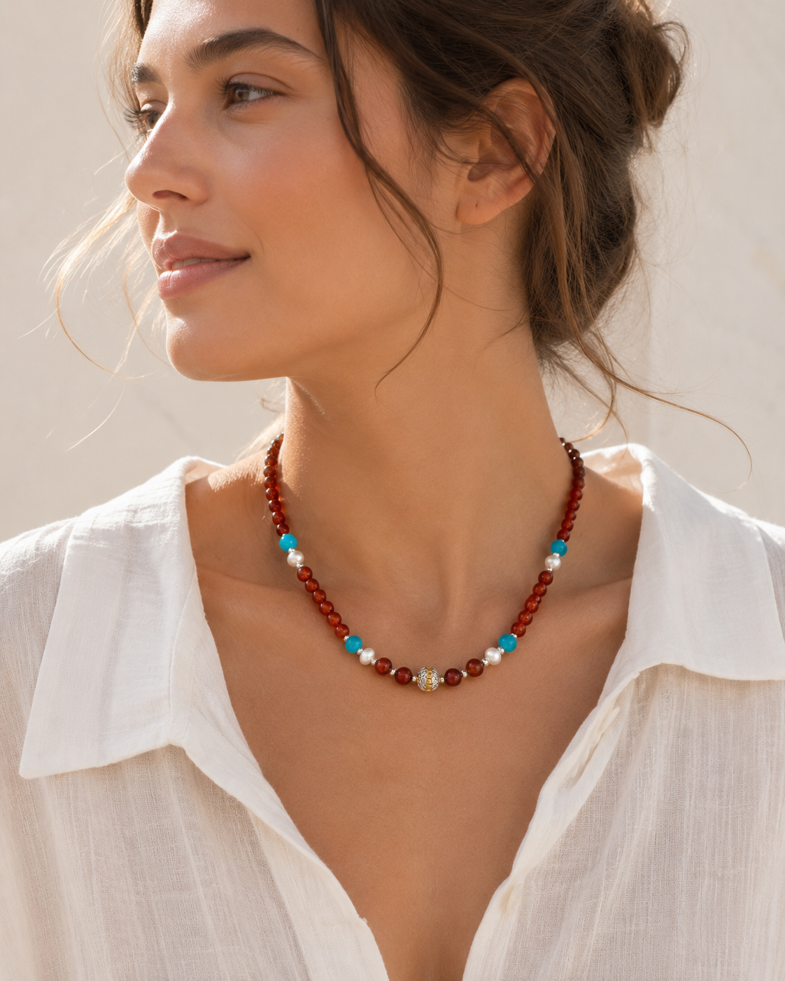 Model wearing Solana Red Agate & Pearl Beaded Necklace