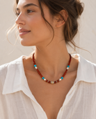 Model wearing Solana Red Agate & Pearl Beaded Necklace