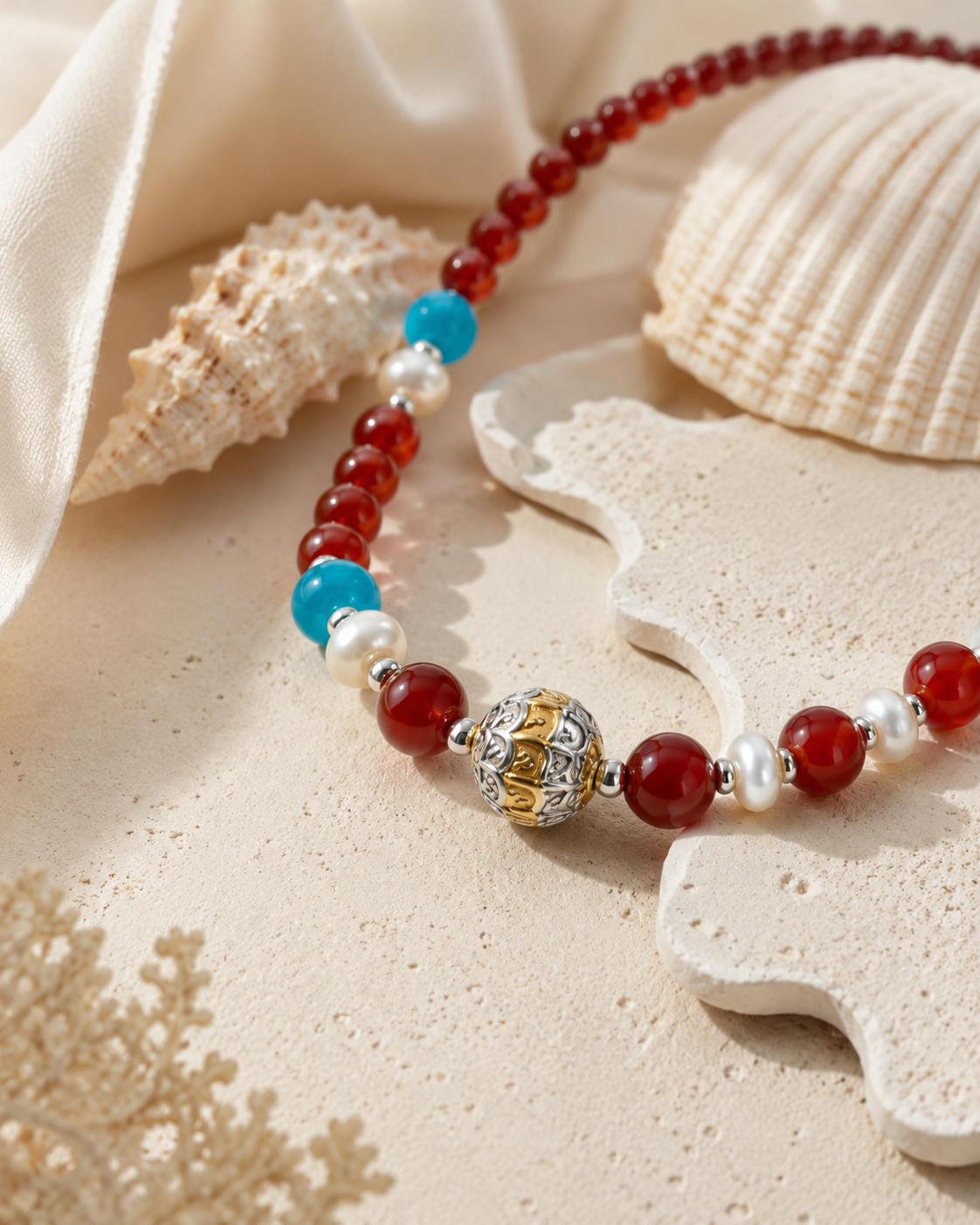 Close-up of red agate, pearl accents and gold-plated sterling silver details in the Solana necklace
