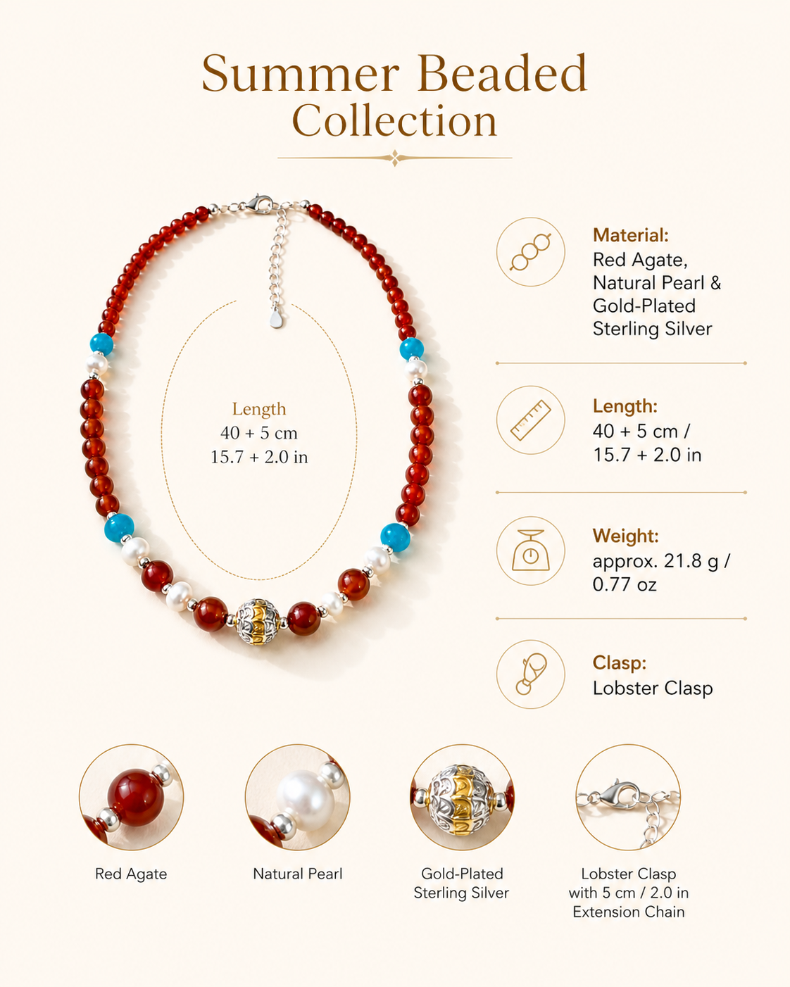 Solana Red Agate & Pearl Beaded Necklace size and material guide