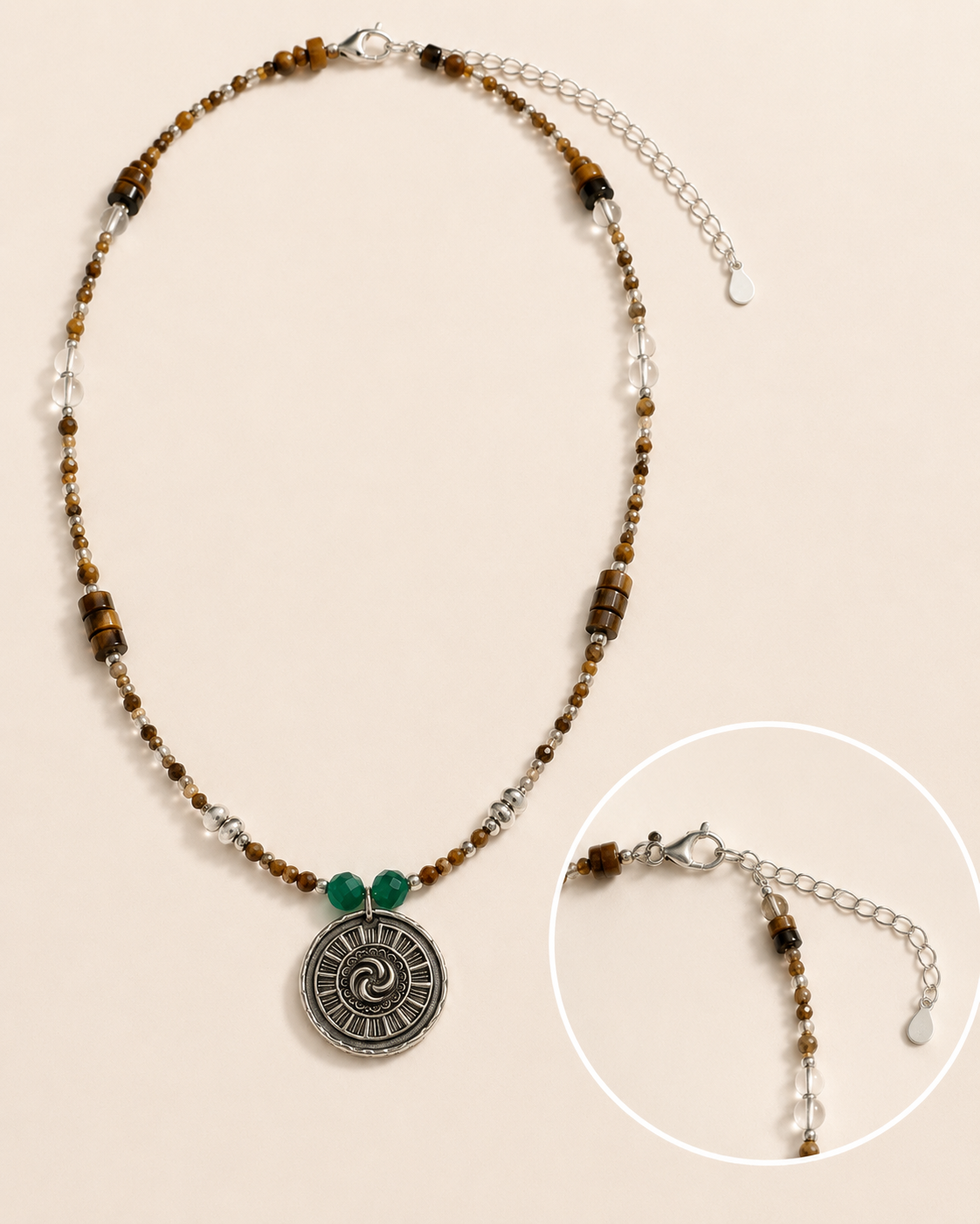 Solstice Tiger’s Eye Quartz Pendant Necklace lobster clasp, adjustable chain, and sterling silver pendant detail