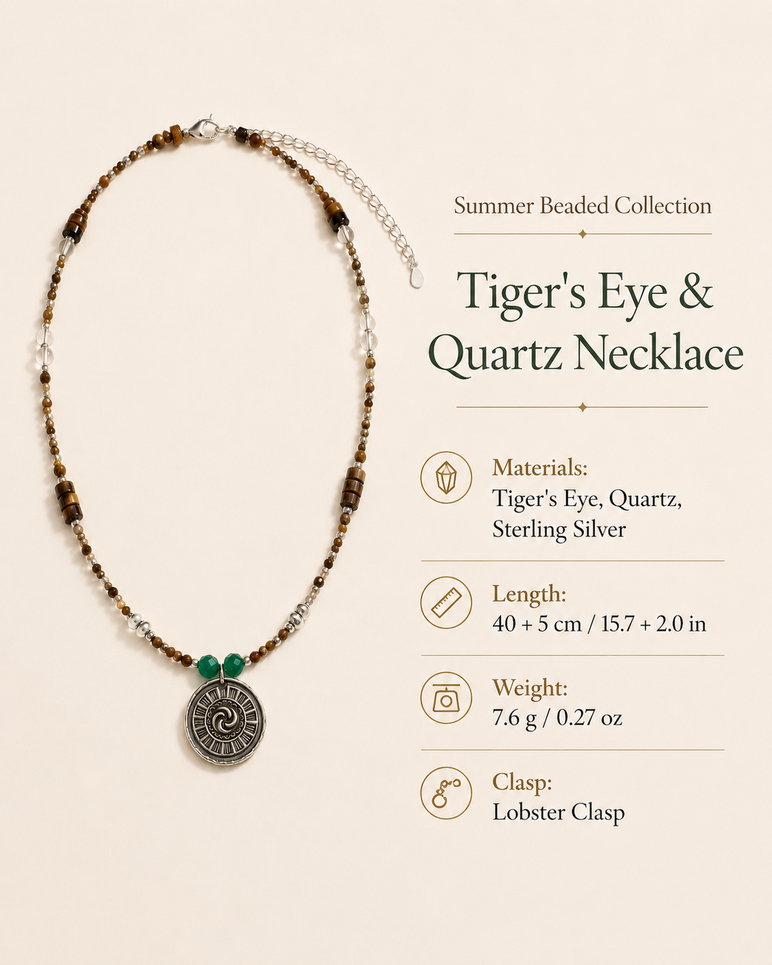 Solstice Tiger’s Eye Quartz Pendant Necklace size and material guide