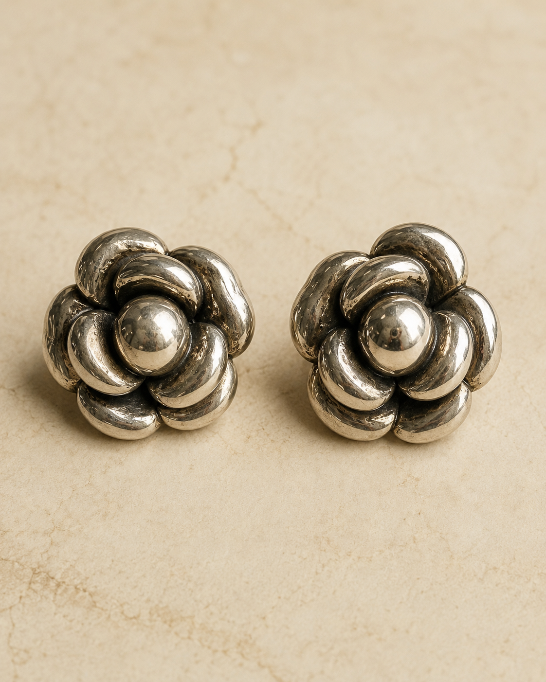 Sterling Silver Floral Vintage Earrings full product view by La Tiera