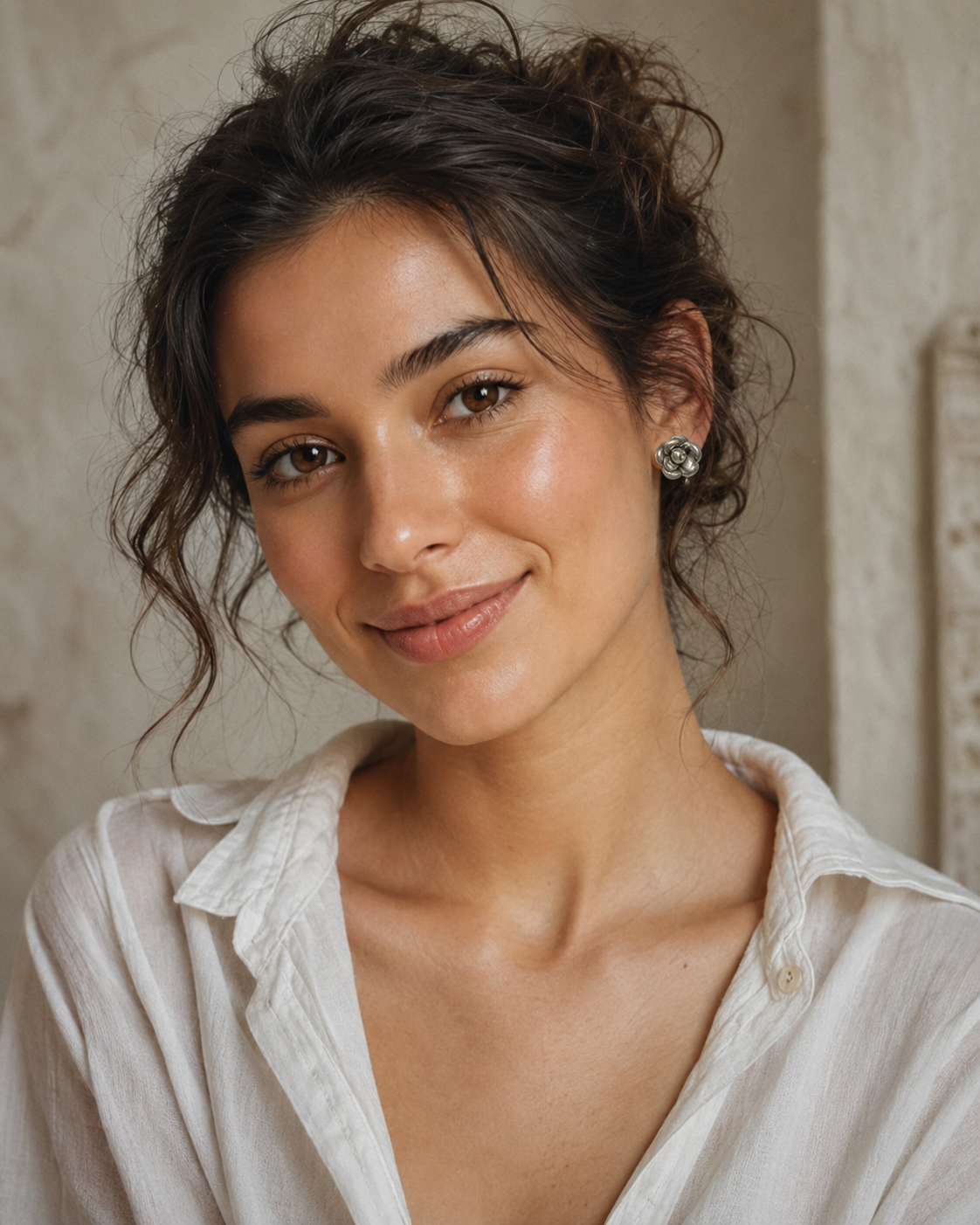 Model wearing Sterling Silver Floral Vintage Earrings with vintage silver styling