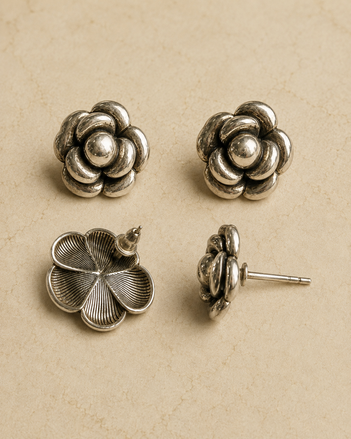 Sterling Silver Floral Vintage Earrings stud post closure and carved back petal detail