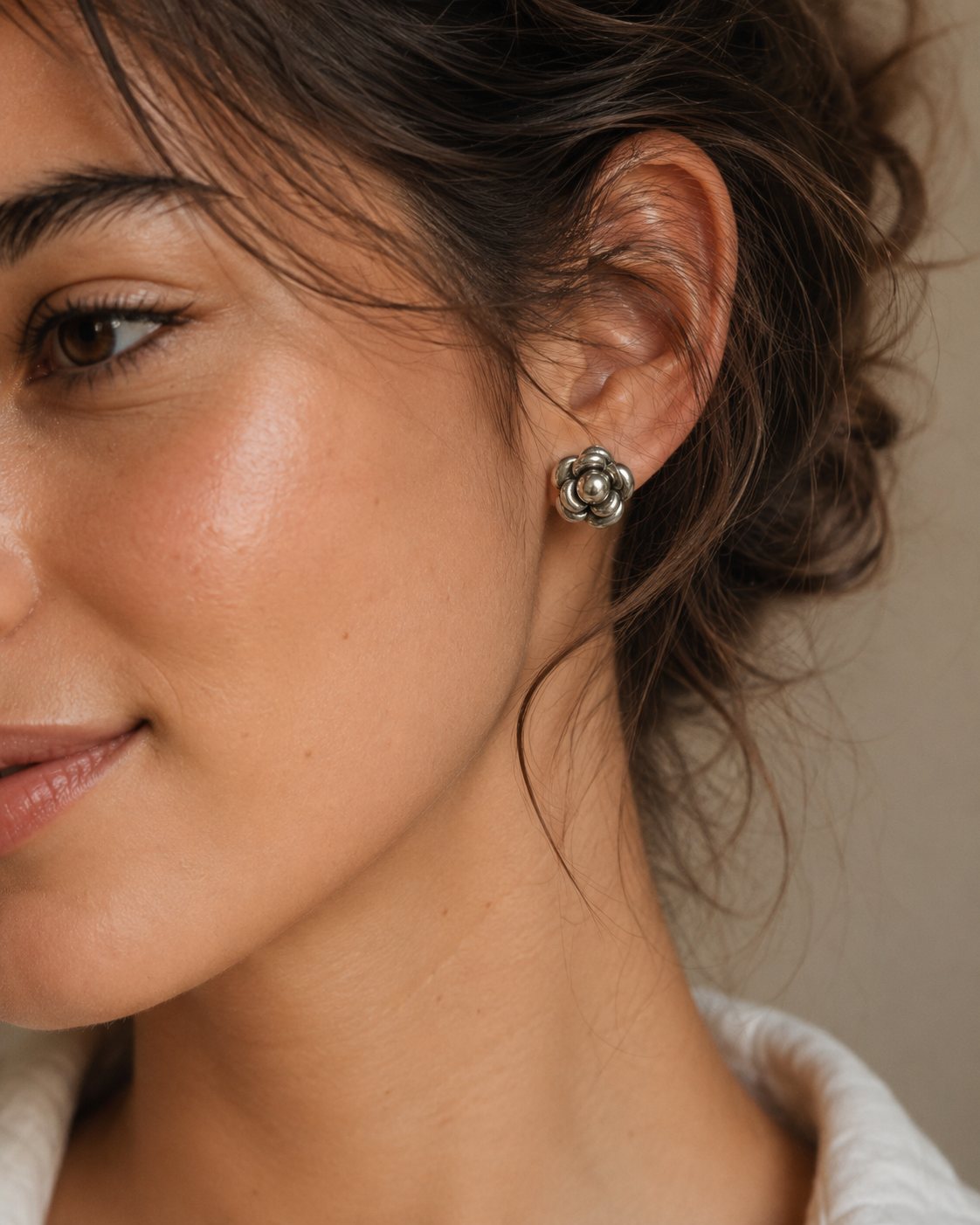 Close-up of sculptural sterling silver floral petals and oxidized texture in Sterling Silver Floral Vintage Earrings