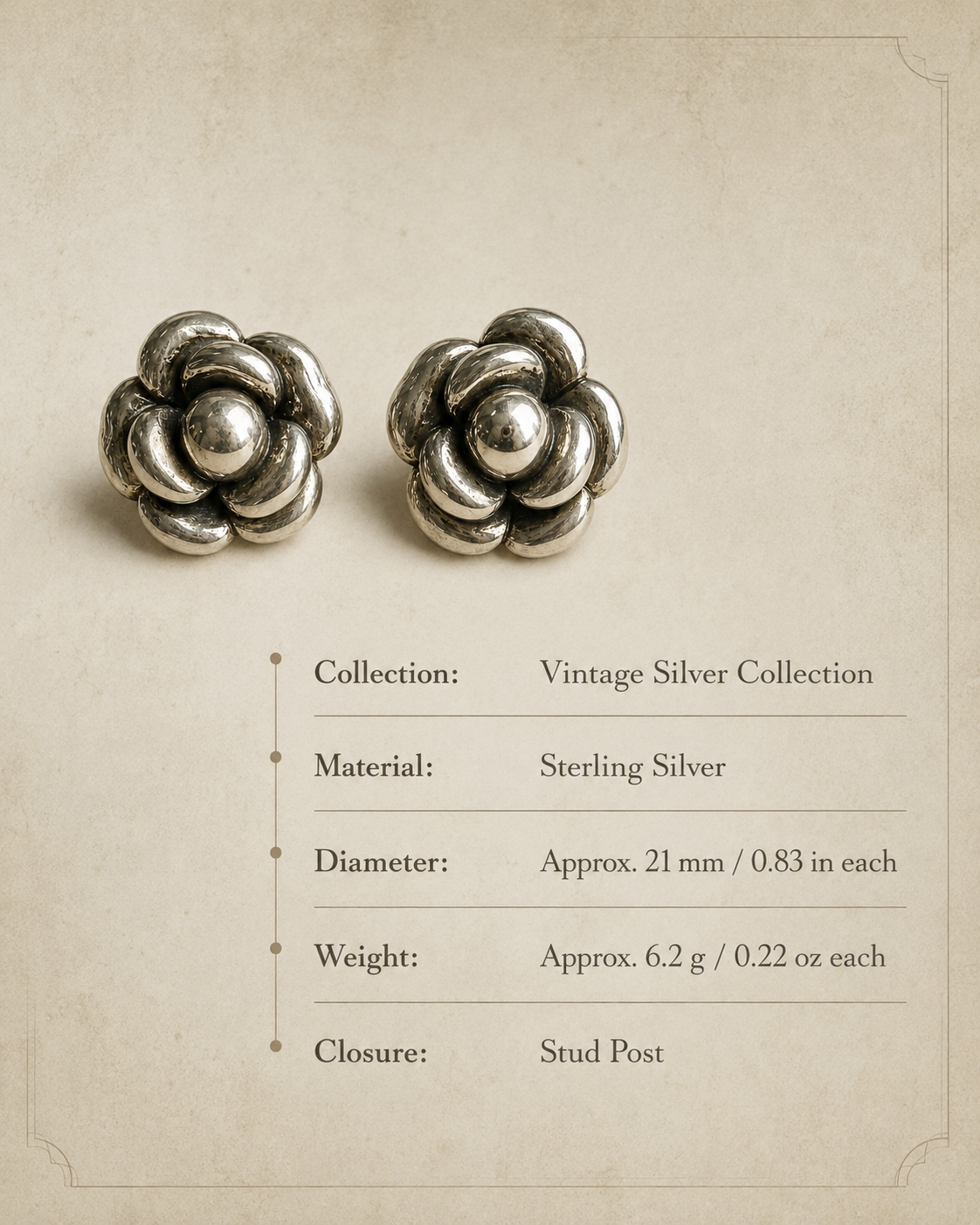 Sterling Silver Floral Vintage Earrings size and material guide