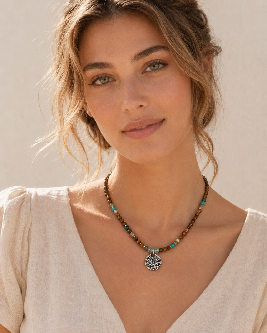 Model wearing Terra Mixed Gemstone Pendant Necklace with relaxed summer outfit