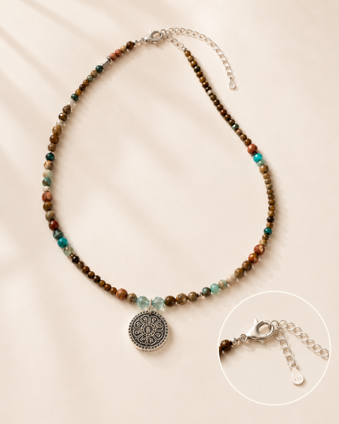 Terra Mixed Gemstone Pendant Necklace lobster clasp, adjustable chain, and sterling silver pendant detail