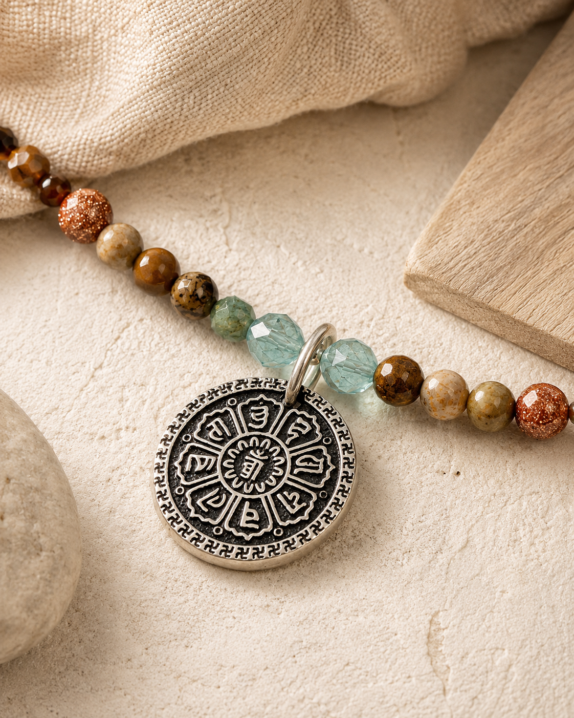 Close-up of assorted gemstone beads, sterling silver spacer beads, and sterling silver pendant in Terra Mixed Gemstone Pendant Necklace