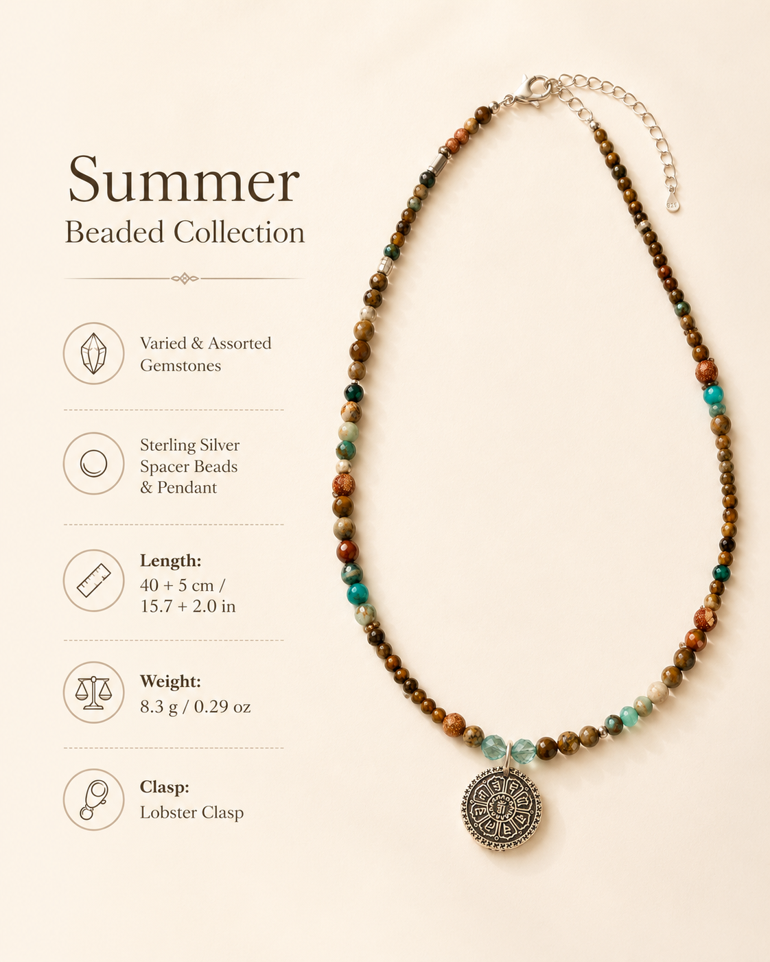 Terra Mixed Gemstone Pendant Necklace size and material guide