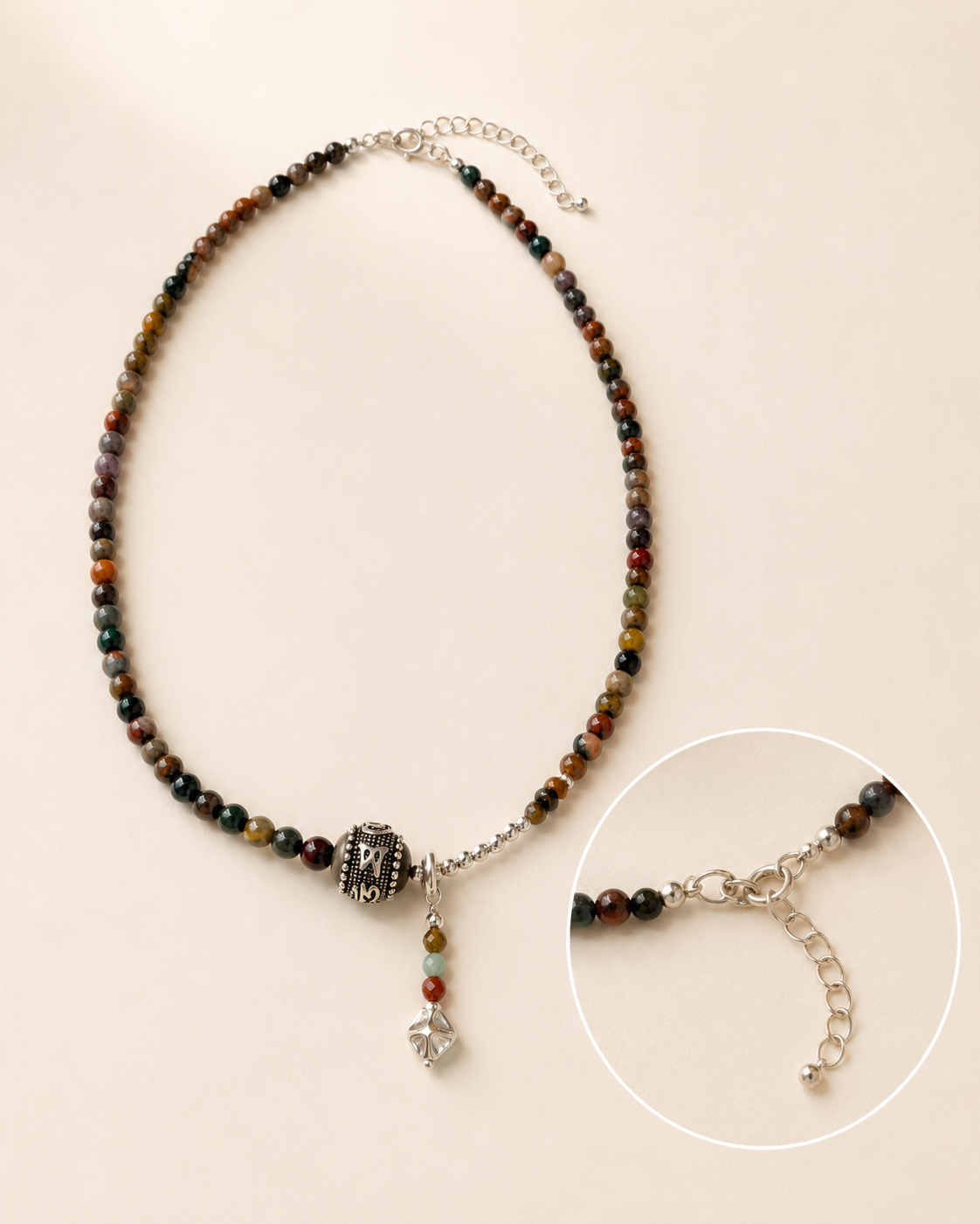 Terra Pietersite Sterling Silver Pendant Necklace lobster clasp, adjustable chain, and sterling silver pendant detail