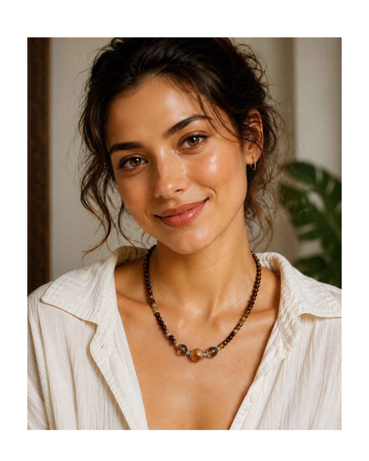 Model wearing Tiger’s Eye & Amber Beaded Layering Necklace with summer linen outfit
