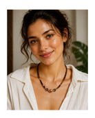 Model wearing Tiger’s Eye & Amber Beaded Layering Necklace with summer linen outfit