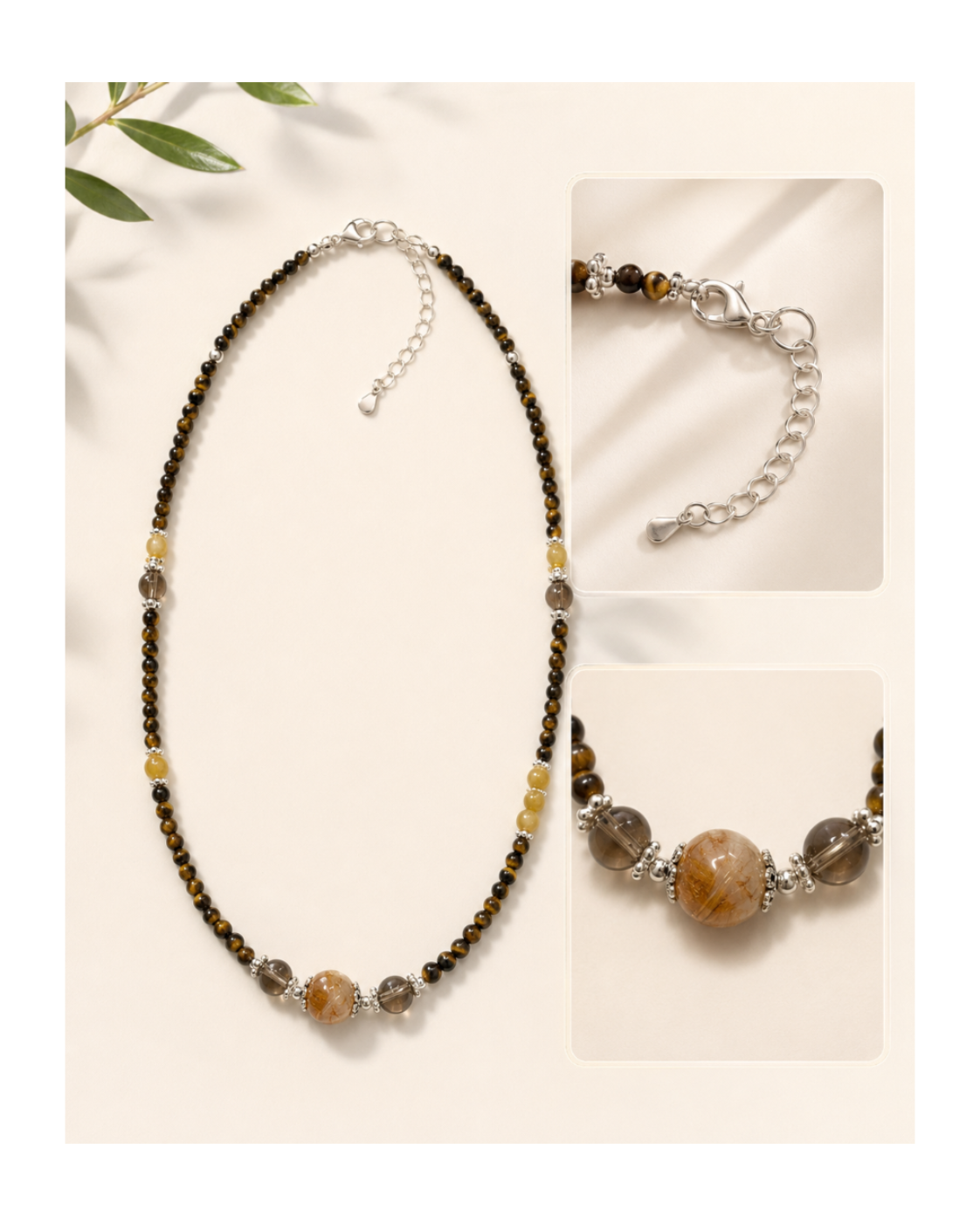 Tiger’s Eye & Amber Beaded Layering Necklace lobster clasp and adjustable extension chain detail