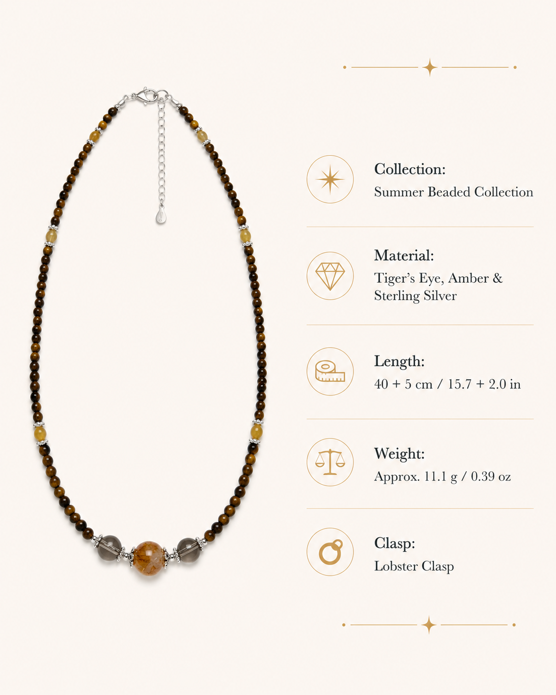 Tiger’s Eye & Amber Beaded Layering Necklace size and material guide